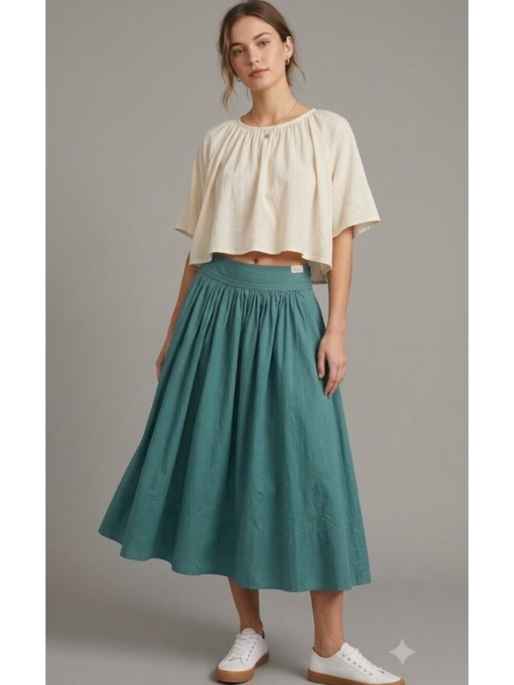 Dorothee Schumacher Teal Pleated Midi Skirt Size M Cotton Blend Relaxed Style